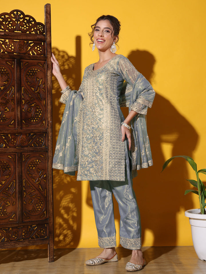Dori Embroidered & Mirror Work Organza Kurta Set