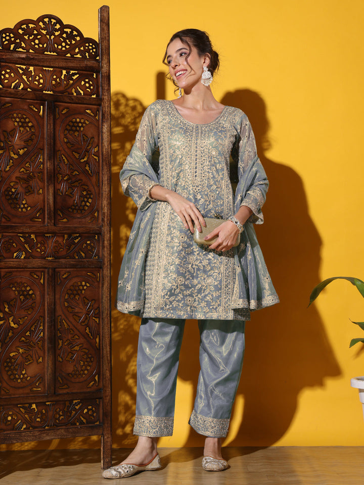 Dori Embroidered & Mirror Work Organza Kurta Set