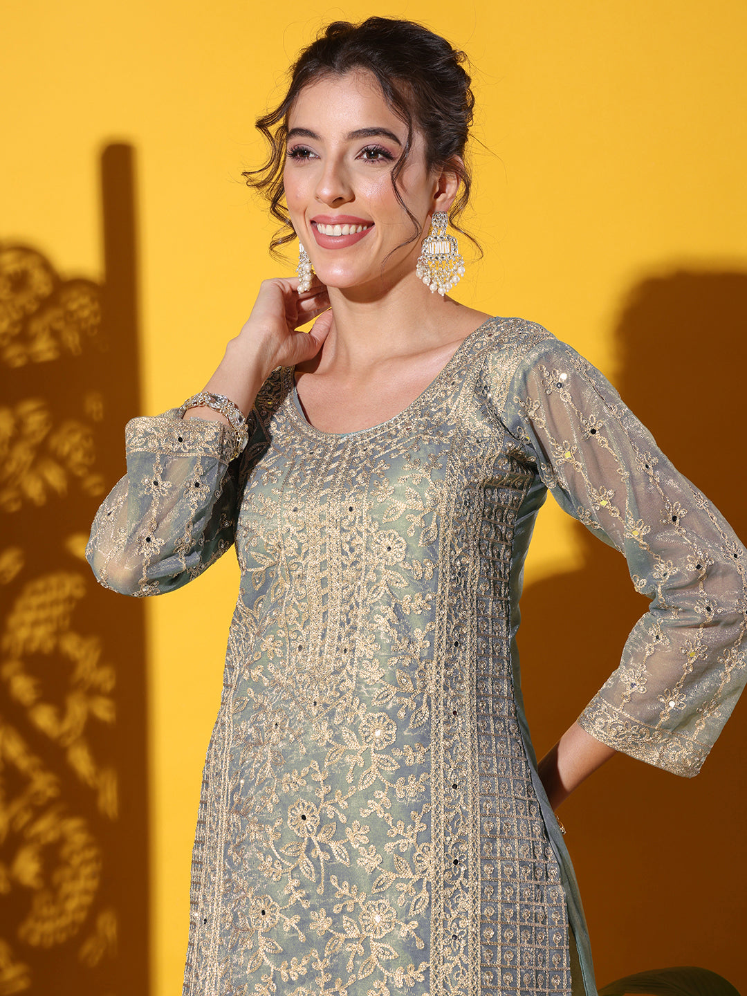 Dori Embroidered & Mirror Work Organza Kurta Set