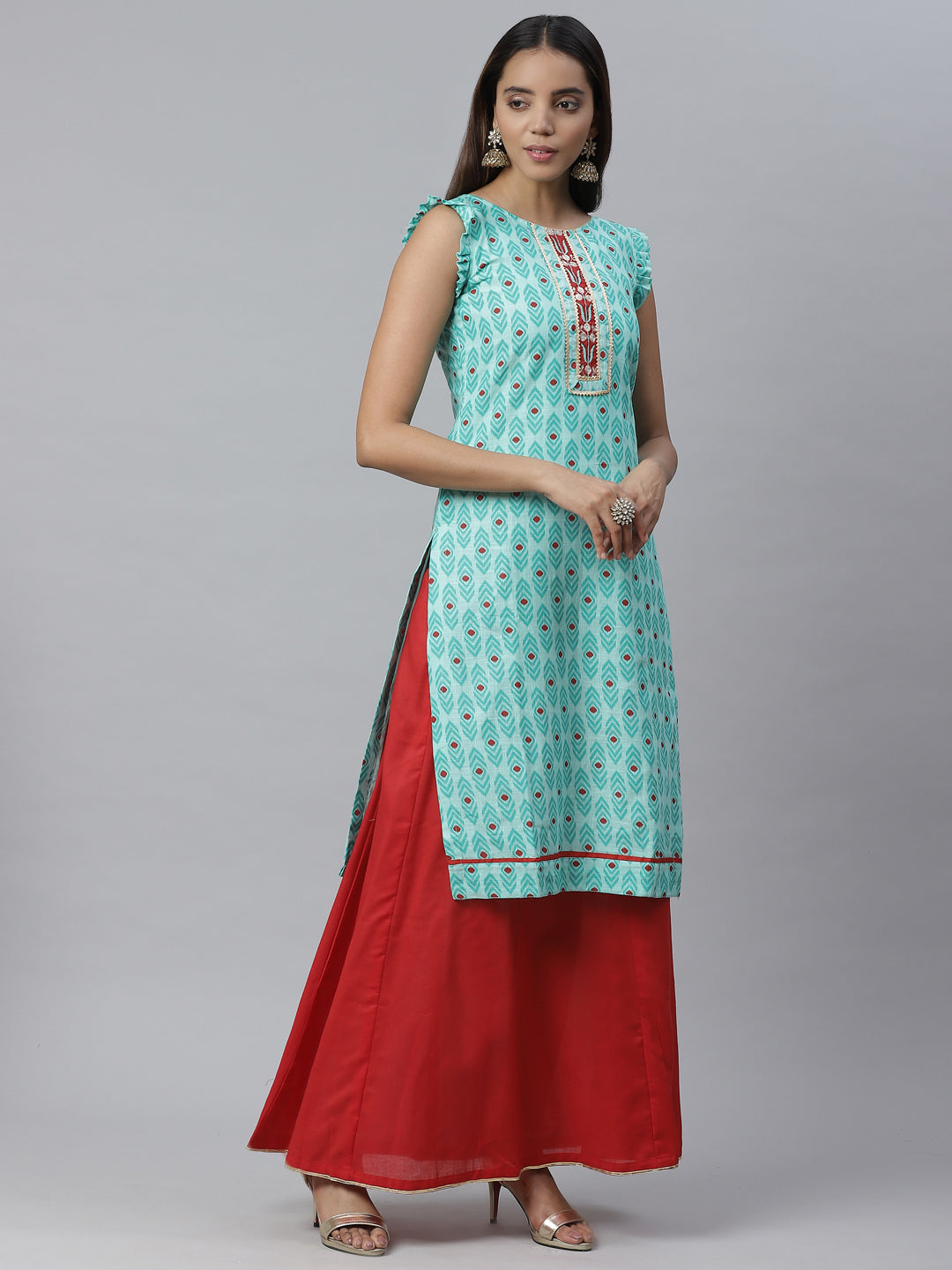 Cotton Ikat Inspired Kurta Set with Zari embroidered neckline and Bandhej Dupatta