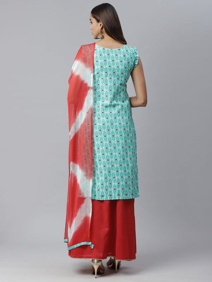 Cotton Ikat Inspired Kurta Set with Zari embroidered neckline and Bandhej Dupatta