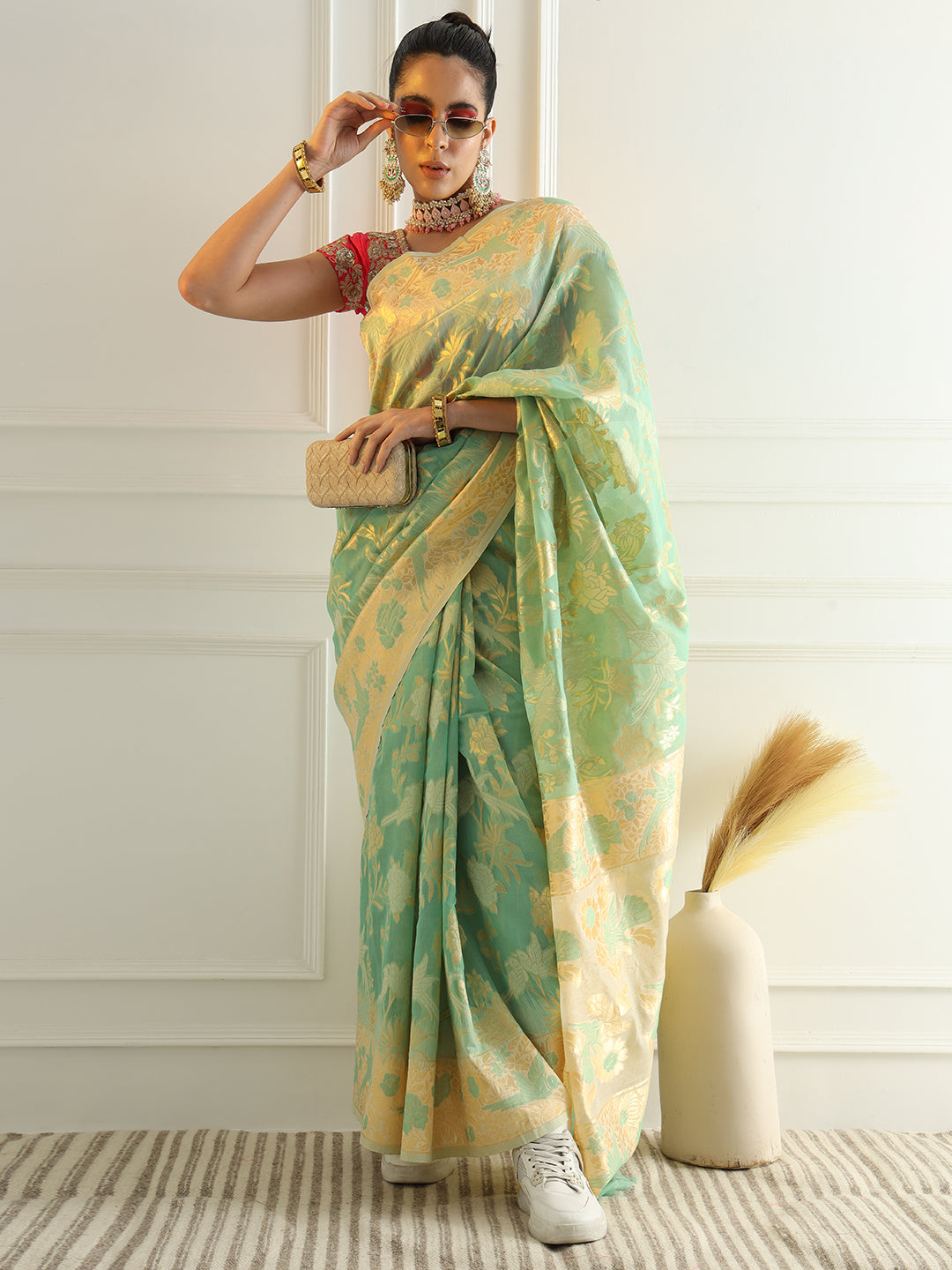 Cotton Silk Saree with Intricate Resham woven Floral and Bird Motifs