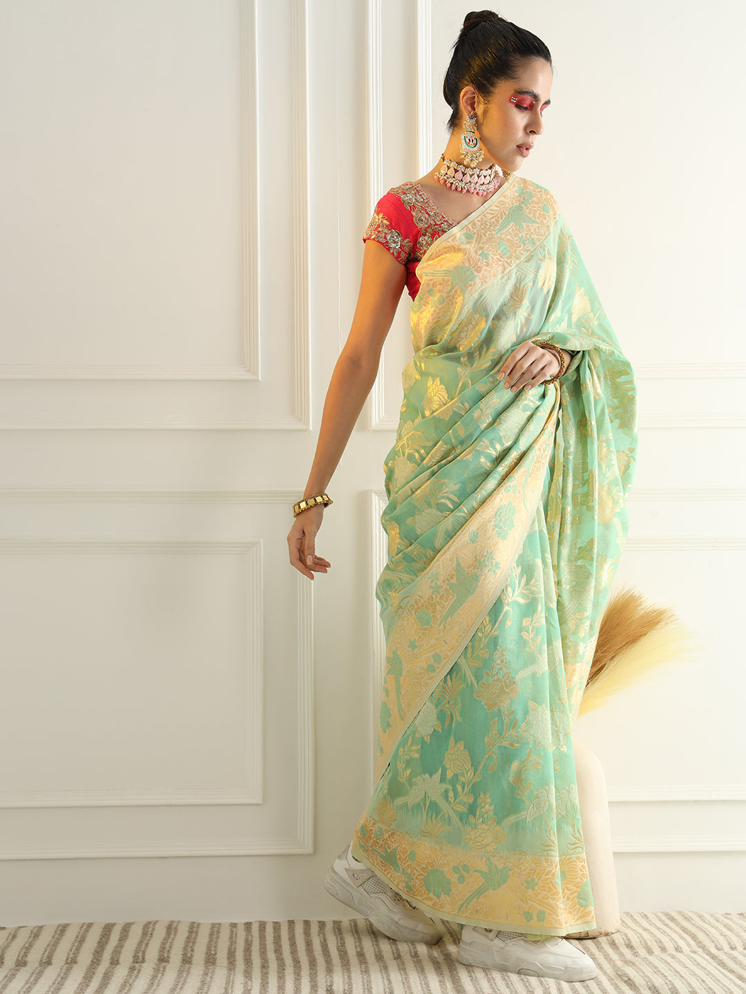 Cotton Silk Saree with Intricate Resham woven Floral and Bird Motifs