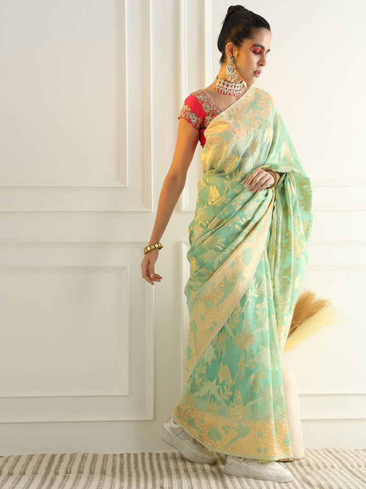 Cotton Silk Saree with Intricate Resham woven Floral and Bird Motifs