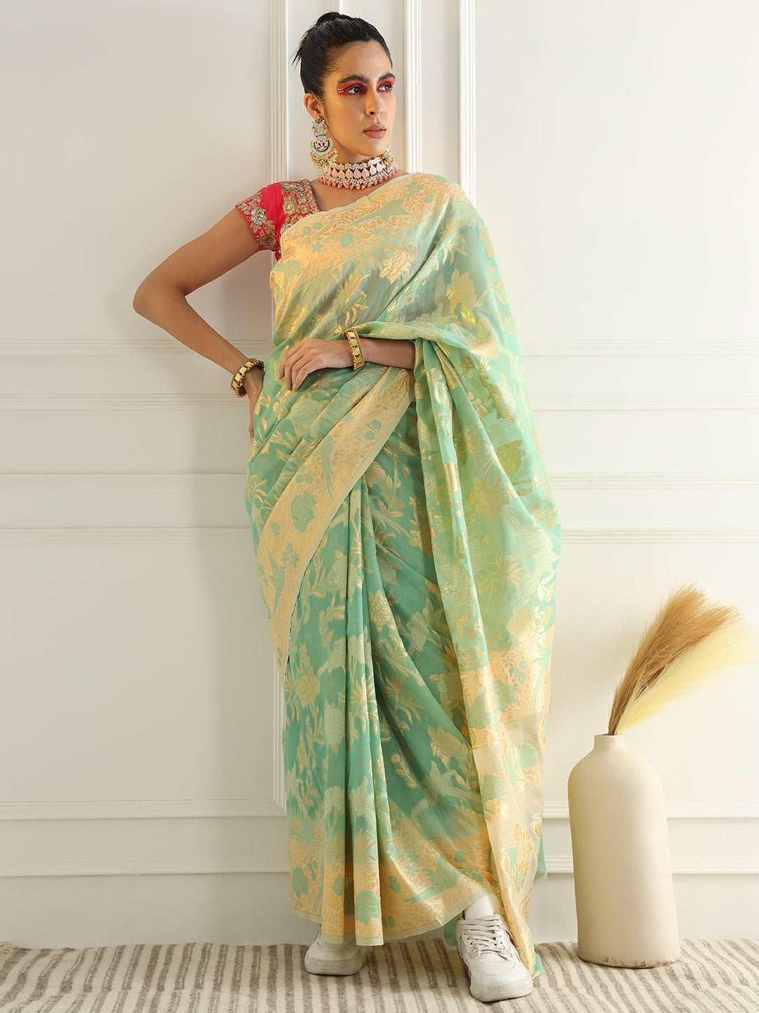 Cotton Silk Saree with Intricate Resham woven Floral and Bird Motifs