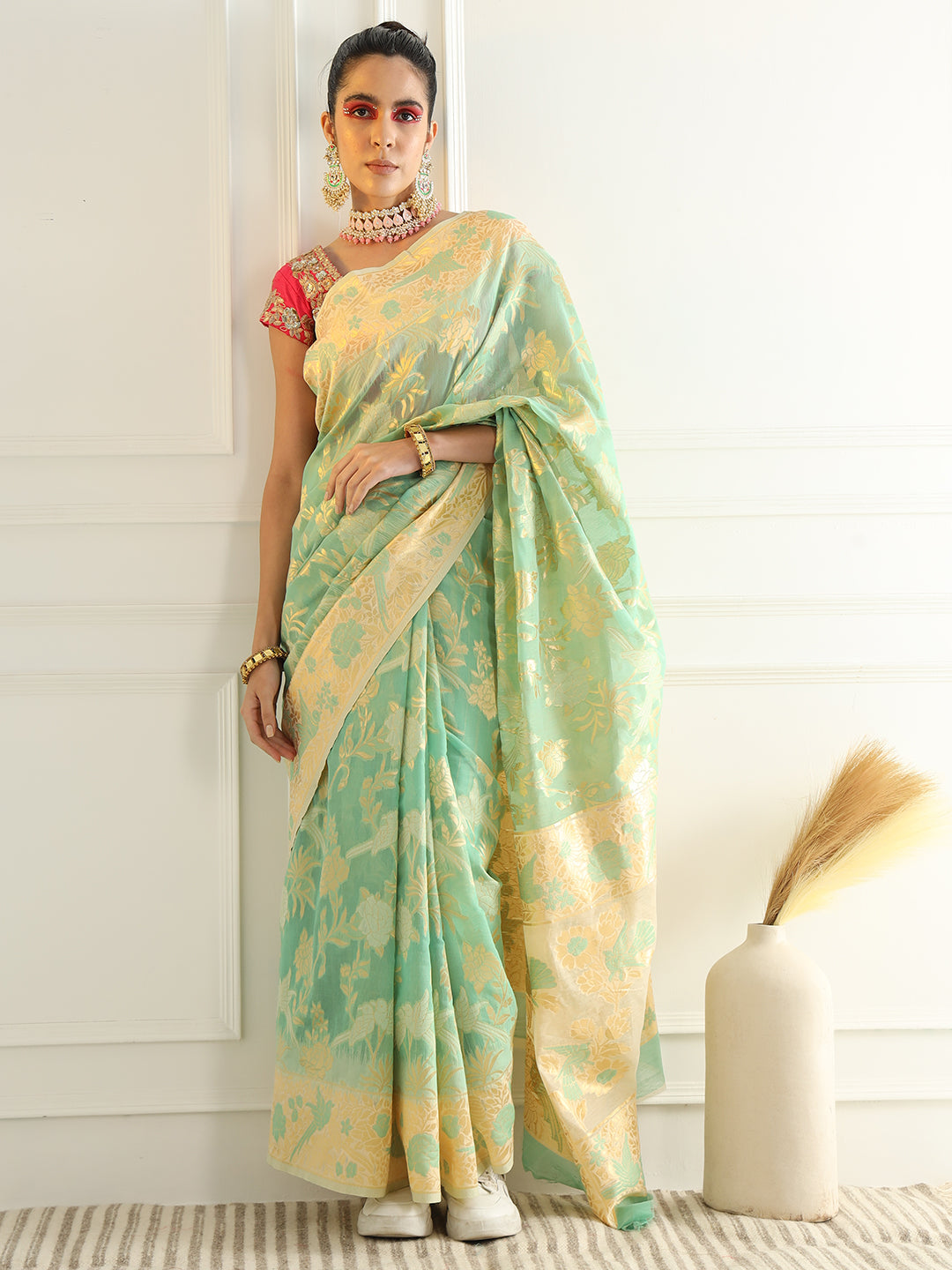 Cotton Silk Saree with Intricate Resham woven Floral and Bird Motifs