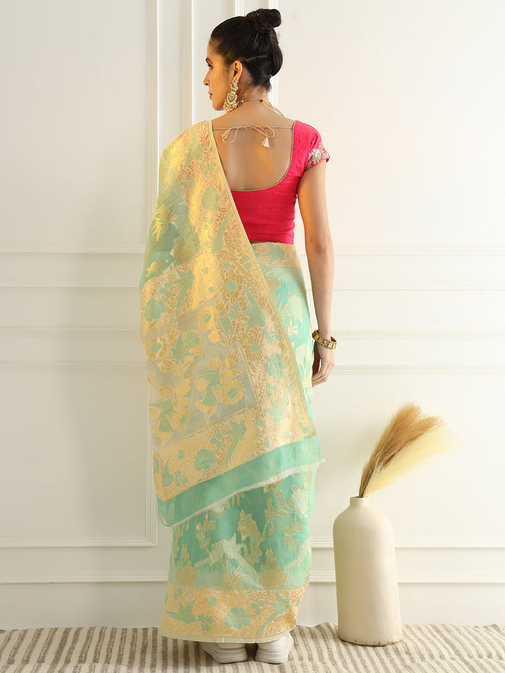 Cotton Silk Saree with Intricate Resham woven Floral and Bird Motifs