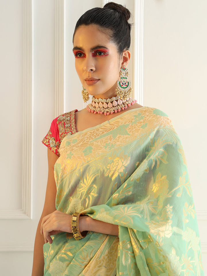 Cotton Silk Saree with Intricate Resham woven Floral and Bird Motifs