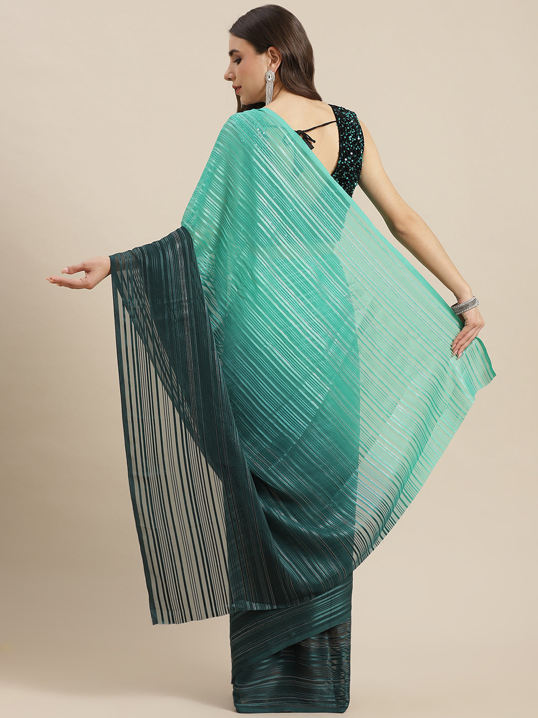 Teal Ombre Georgette Satin & Lurex Woven Saree With Embellished Blouse