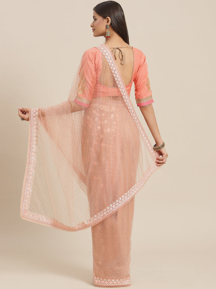 Peach Net Resham & Stone Embellished Saree with Pleated Border