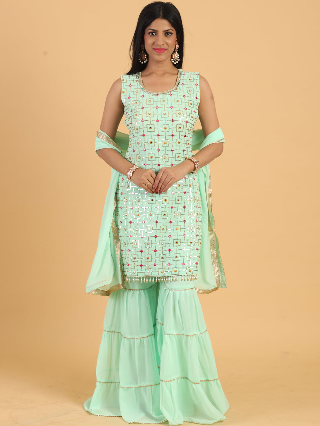 Sea Green Resham & Sequin Embellished Georgette Kurta Sharara Set