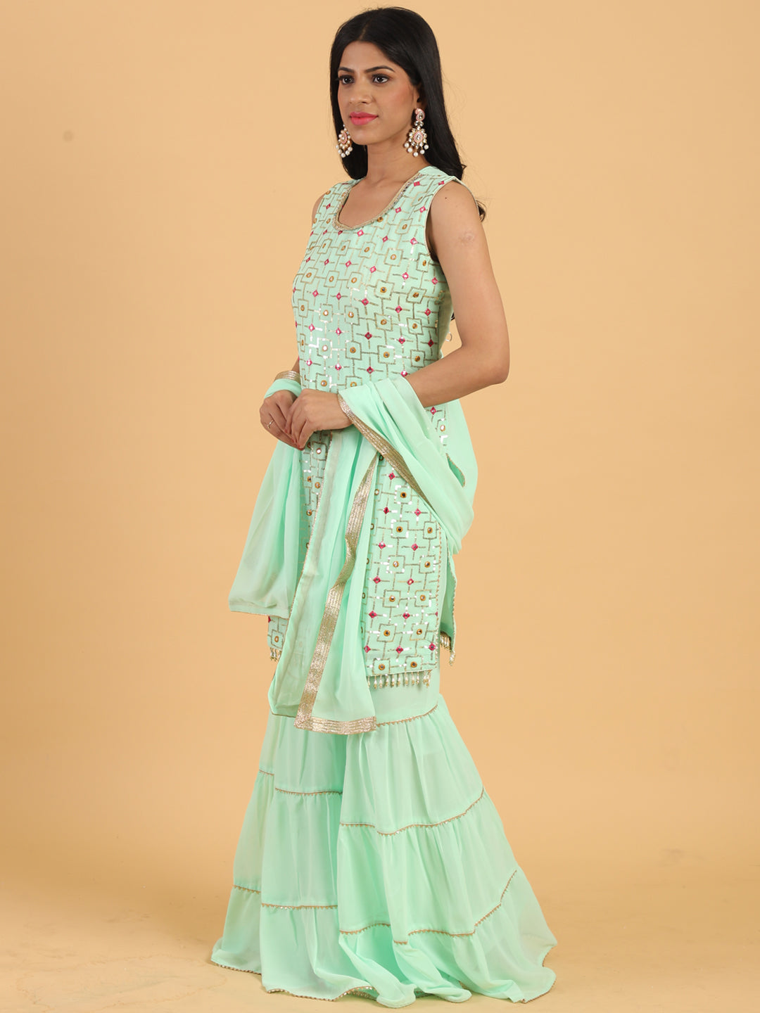Sea Green Resham & Sequin Embellished Georgette Kurta Sharara Set