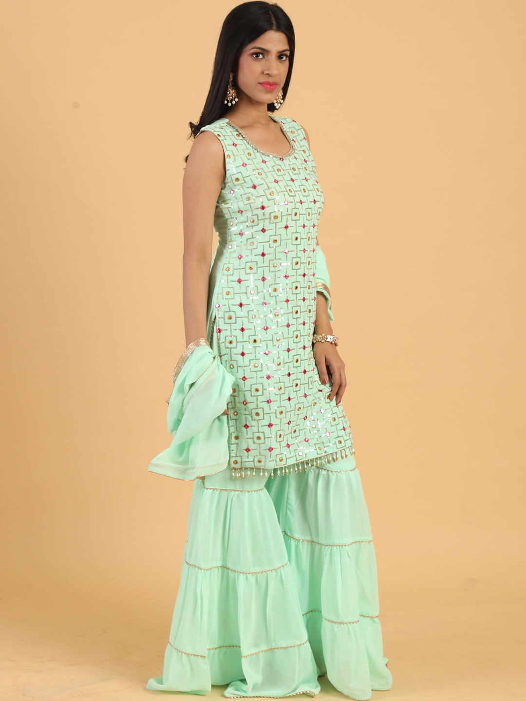 Sea Green Resham & Sequin Embellished Georgette Kurta Sharara Set