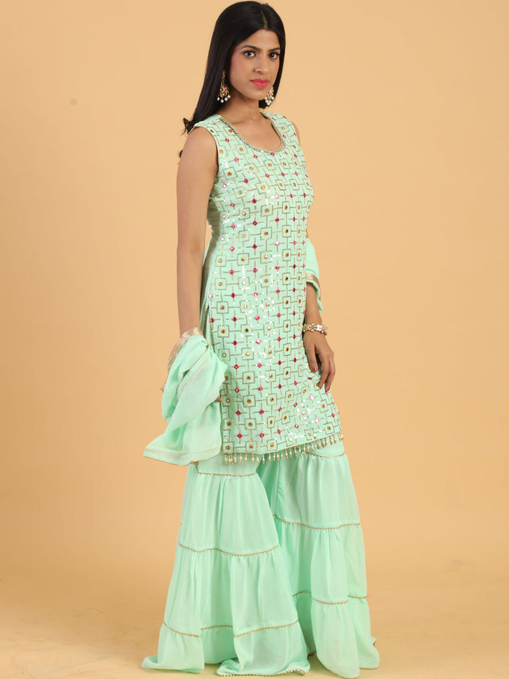 Sea Green Resham & Sequin Embellished Georgette Kurta Sharara Set