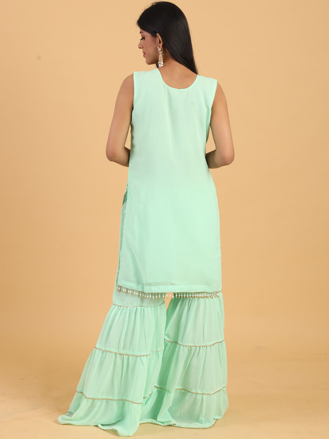 Sea Green Resham & Sequin Embellished Georgette Kurta Sharara Set