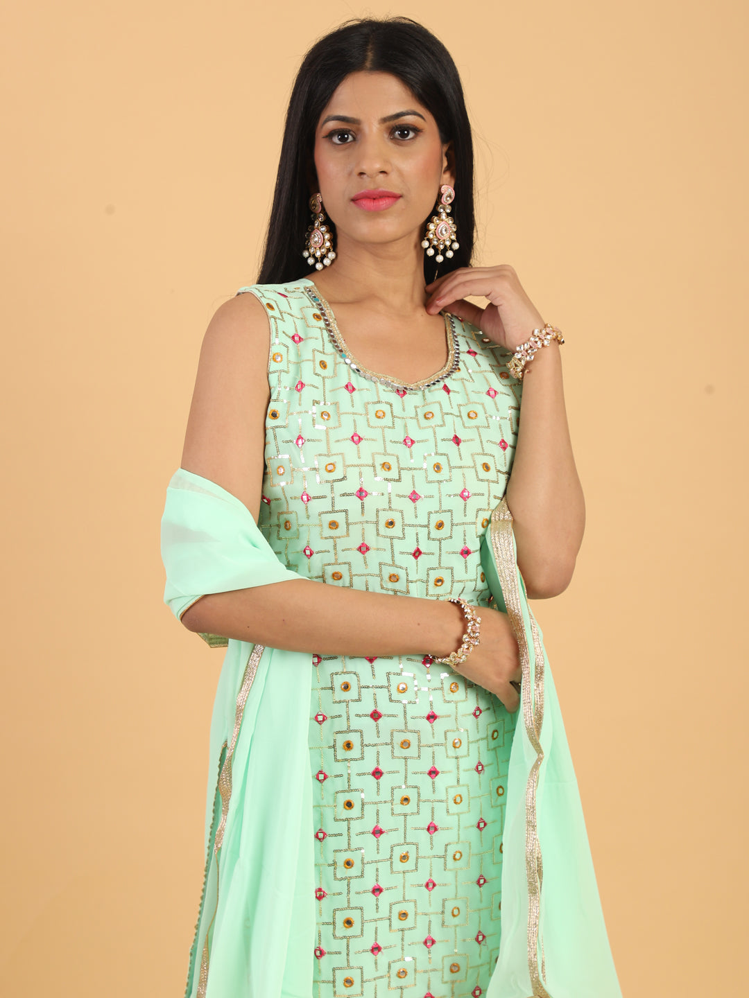 Sea Green Resham & Sequin Embellished Georgette Kurta Sharara Set