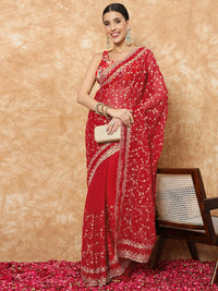 Chhabra 555 Bridal Red Georgette Saree with Floral Resham Sequin Embroidery & Scalloped Border 