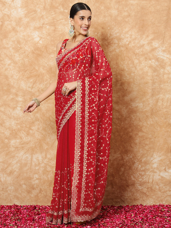 Bridal Red Georgette Saree with Floral Resham Sequin Embroidery