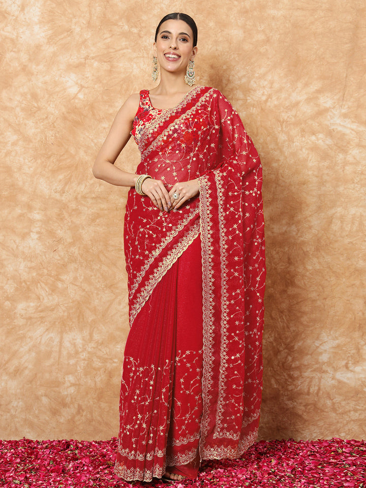 Bridal Red Georgette Saree with Floral Resham Sequin Embroidery