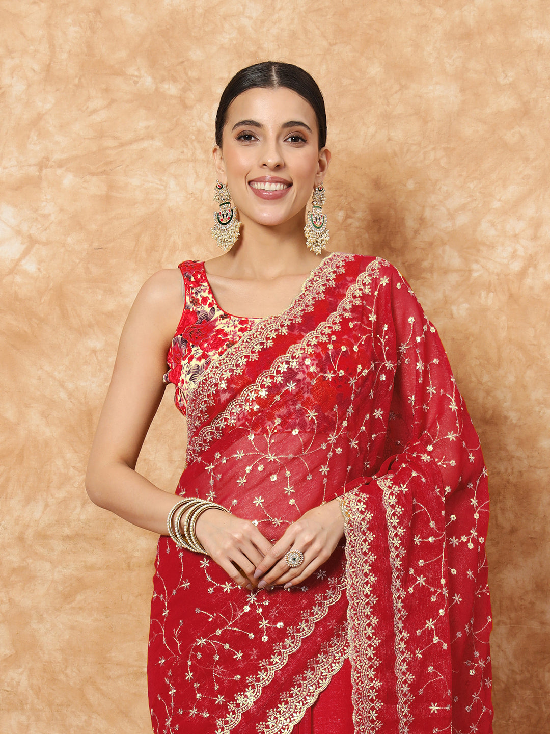 Bridal Red Georgette Saree with Floral Resham Sequin Embroidery