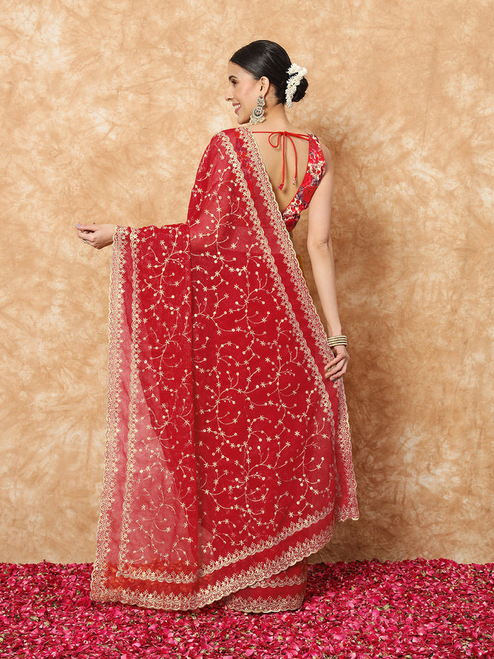 Bridal Red Georgette Saree with Floral Resham Sequin Embroidery