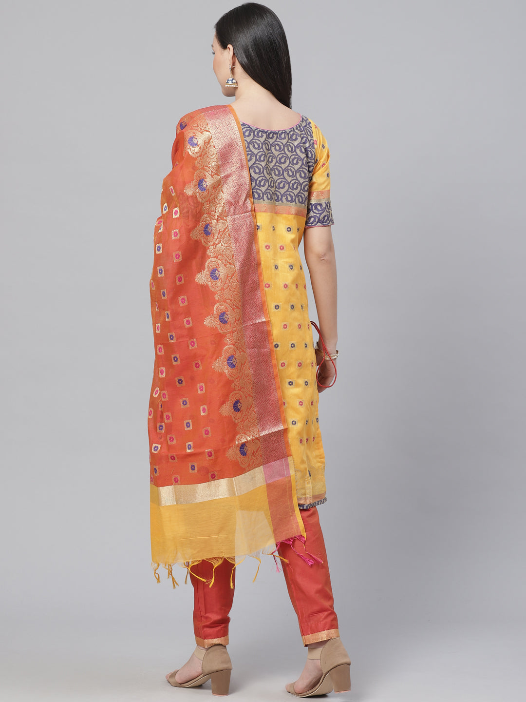 Handloom Chanderi Stitched Suit with Resham Gold Weave Pattern & Contrast Woven Dupatta
