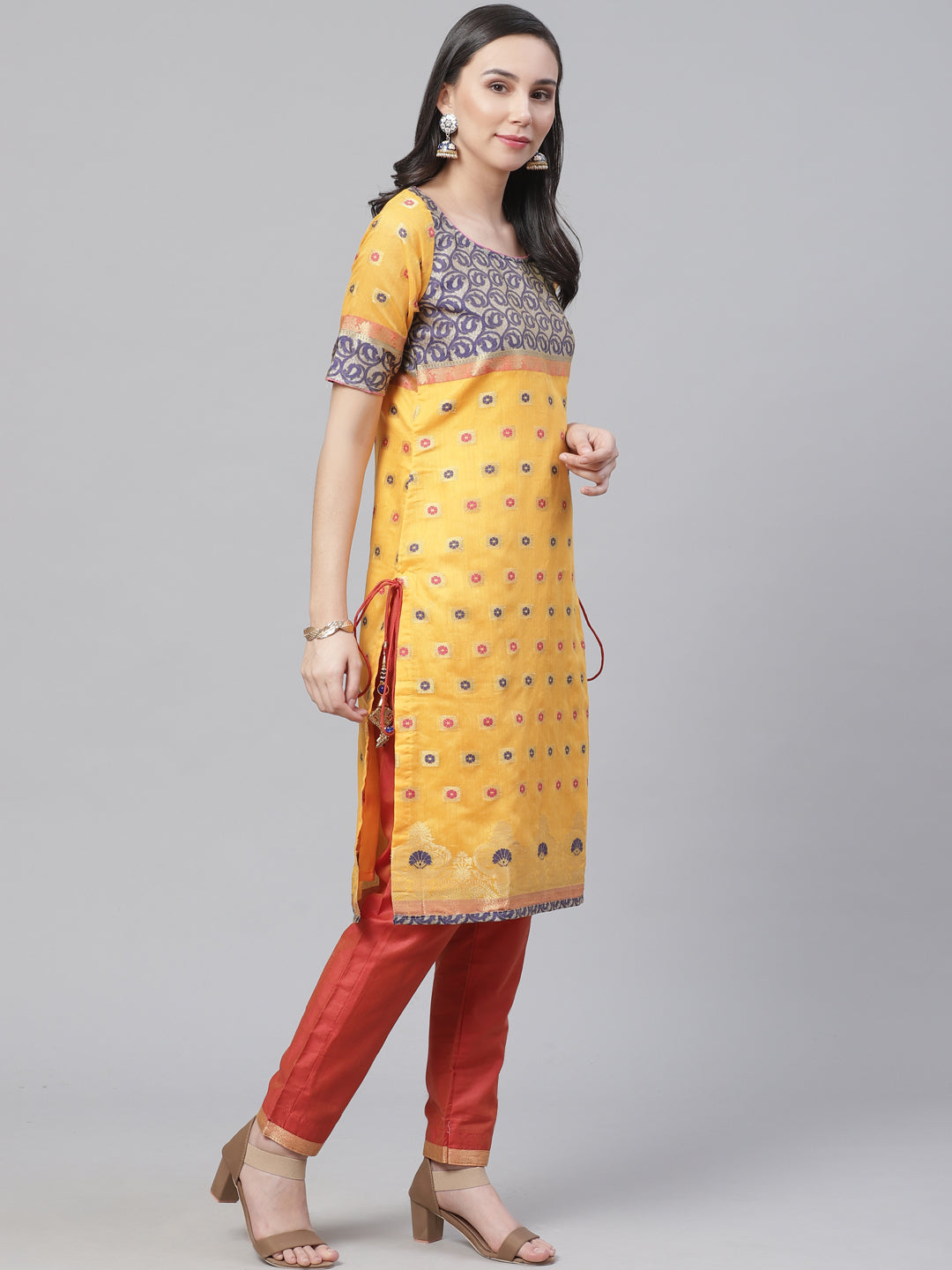 Handloom Chanderi Dress Material with Resham Gold Weave Pattern & Contrast Woven Dupatta