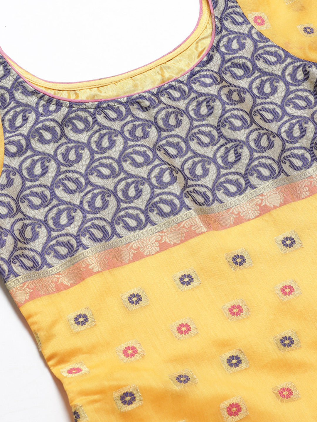 Handloom Chanderi Stitched Suit with Resham Gold Weave Pattern & Contrast Woven Dupatta