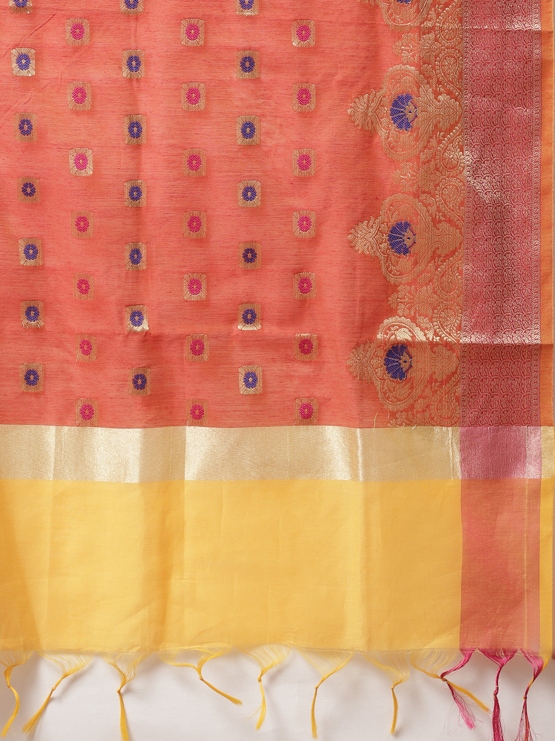 Handloom Chanderi Dress Material with Resham Gold Weave Pattern & Contrast Woven Dupatta