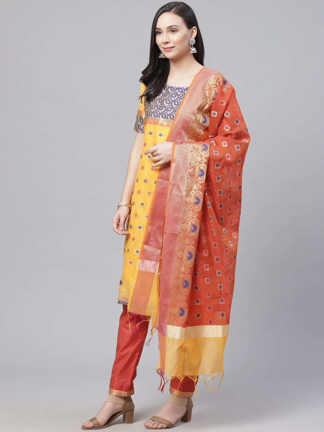 Handloom Chanderi Dress Material with Resham Gold Weave Pattern & Contrast Woven Dupatta