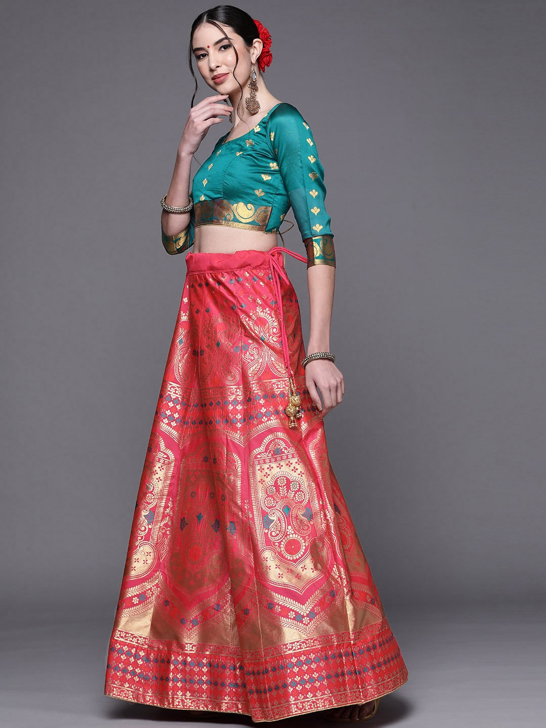 Magenta Semi Stitched Banarasi Silk Lehenga with Resham Weaving