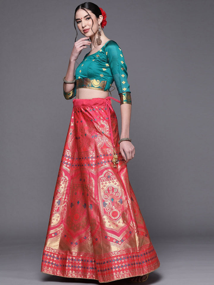 Magenta Semi Stitched Banarasi Silk Lehenga with Resham Weaving