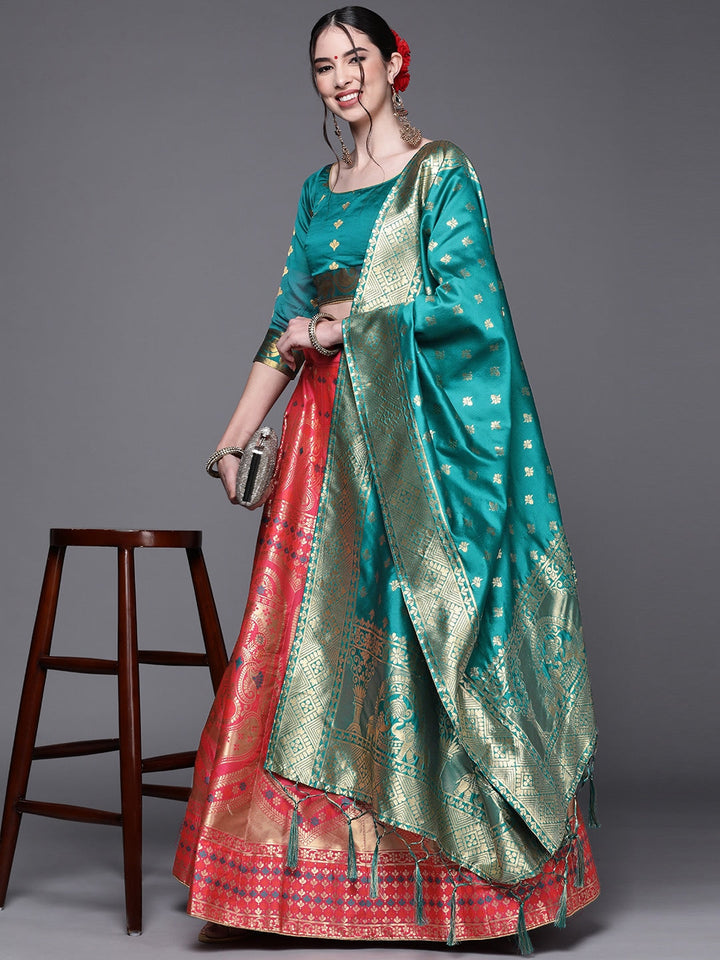 Magenta Semi Stitched Banarasi Silk Lehenga with Resham Weaving