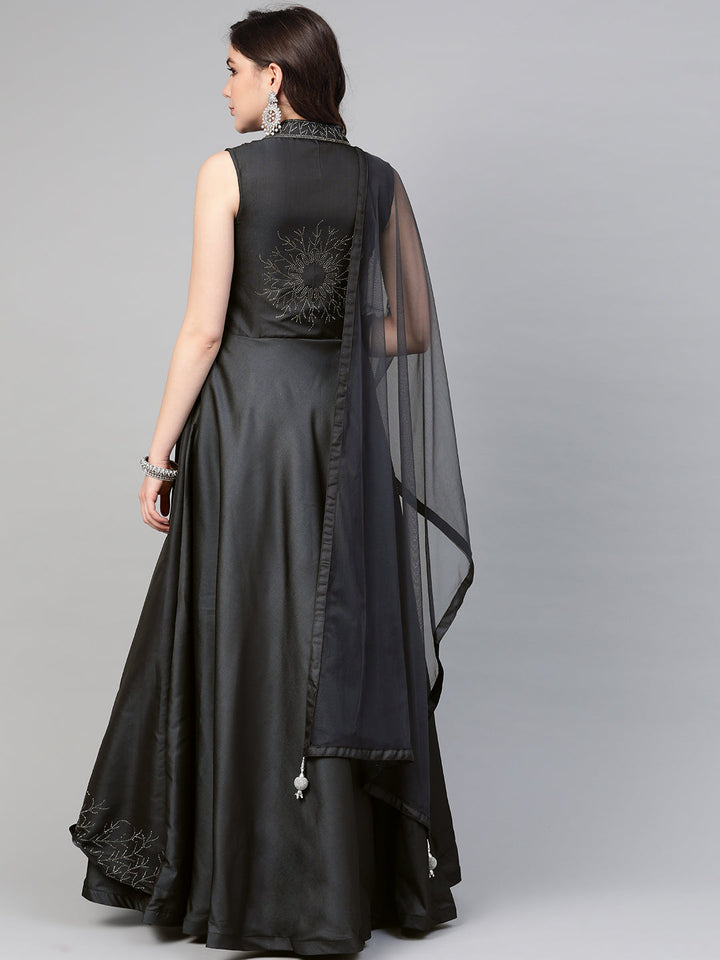Silk Layered Cocktail Gown with Embellished Neckline