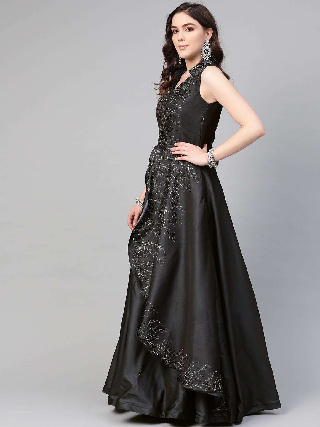 Silk Layered Cocktail Gown with Embellished Neckline