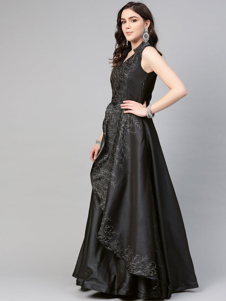 Silk Layered Cocktail Gown with Embellished Neckline
