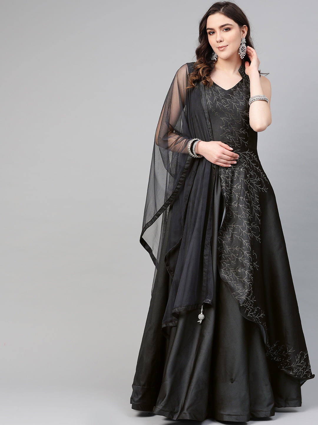 Silk Layered Cocktail Gown with Embellished Neckline