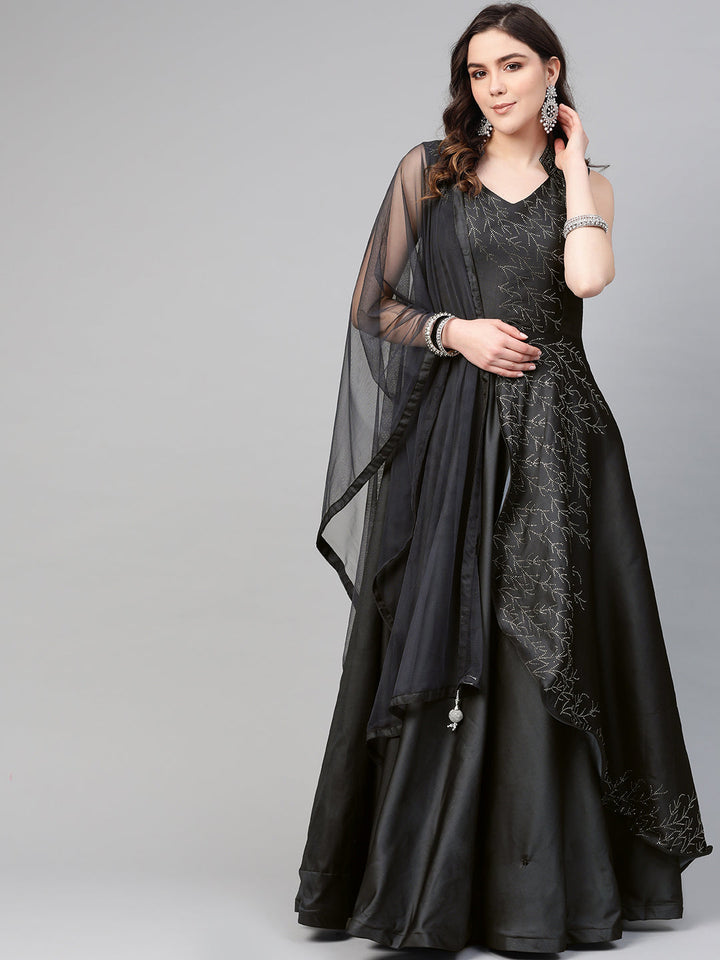 Silk Layered Cocktail Gown with Embellished Neckline