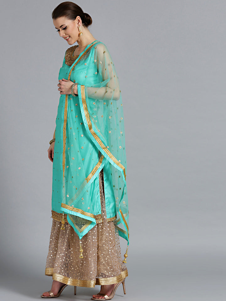 Jewelled Neckline Kurta with Embroidered Pallazo