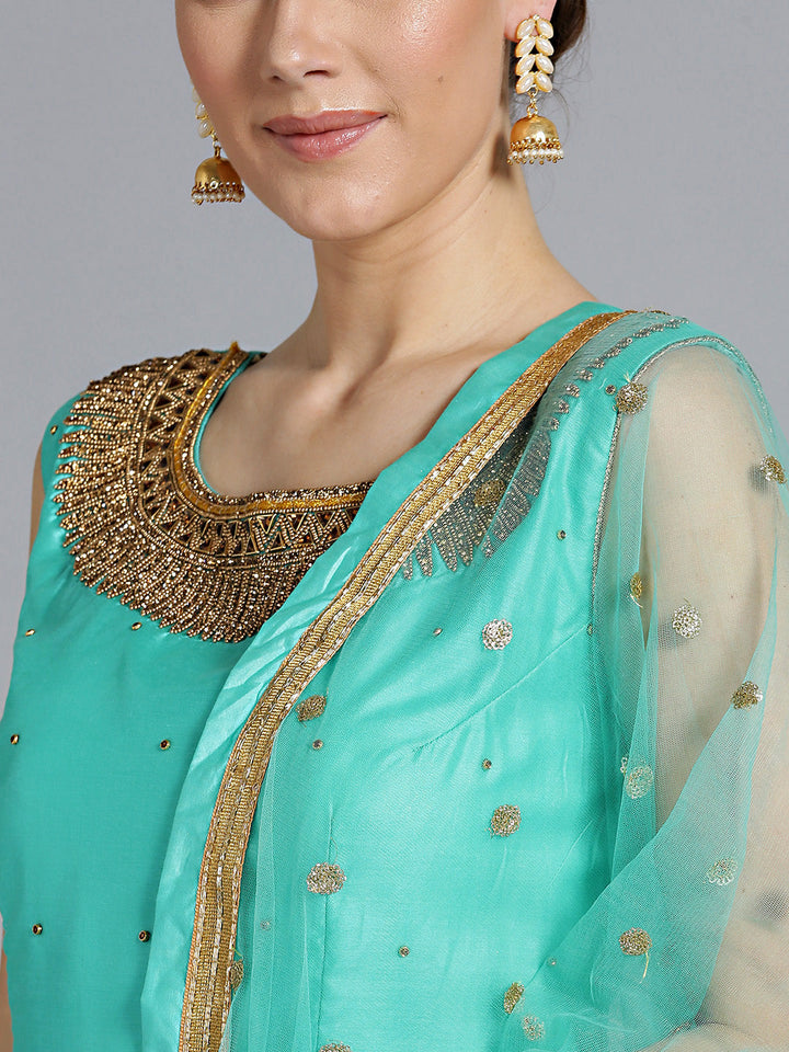 Jewelled Neckline Kurta with Embroidered Pallazo