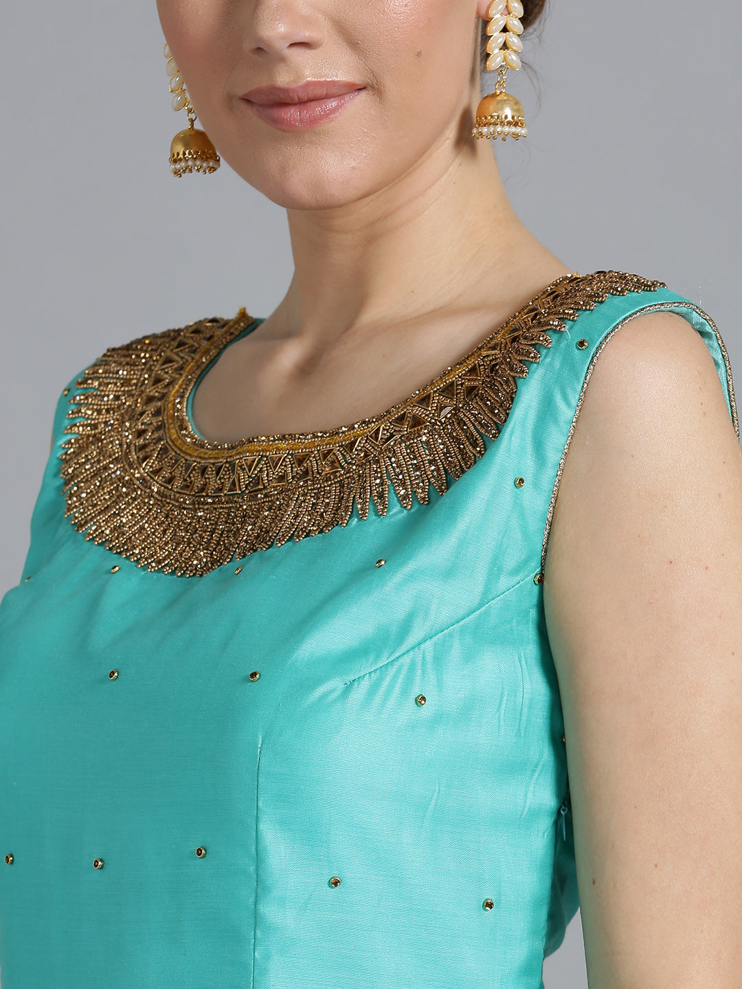 Jewelled Neckline Kurta with Embroidered Pallazo