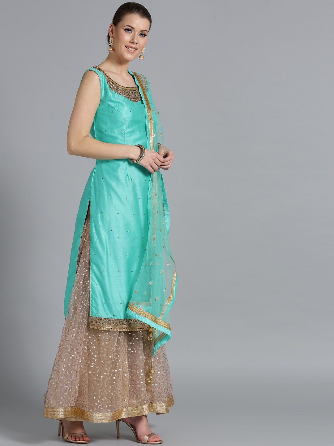 Jewelled Neckline Kurta with Embroidered Pallazo