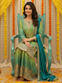 Ombre Bandhani Print Kurta Palazzo Set With Zari, Sequin Embroidery and Diamond Patterns