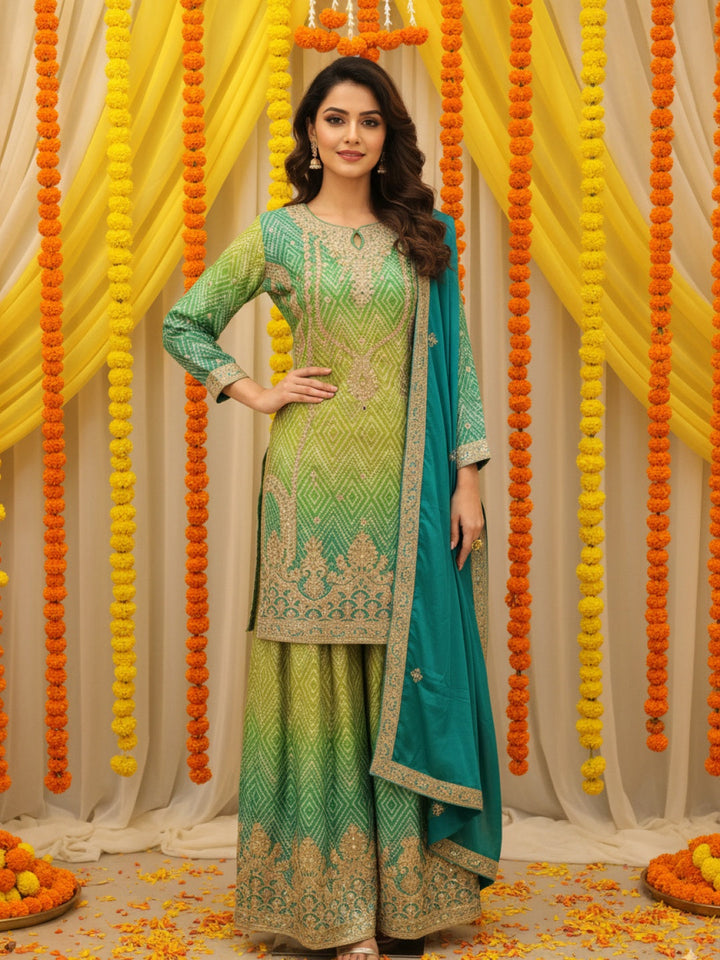Ombre Bandhani Print Kurta Palazzo Set With Zari, Sequin Embroidery and Diamond Patterns