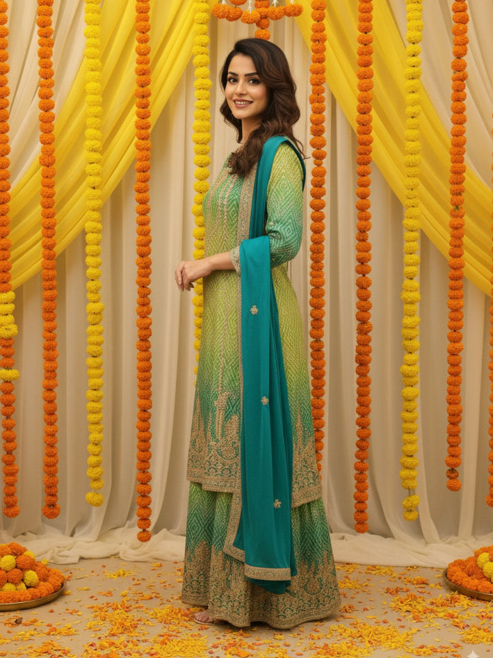Ombre Bandhani Print Kurta Palazzo Set With Zari, Sequin Embroidery and Diamond Patterns