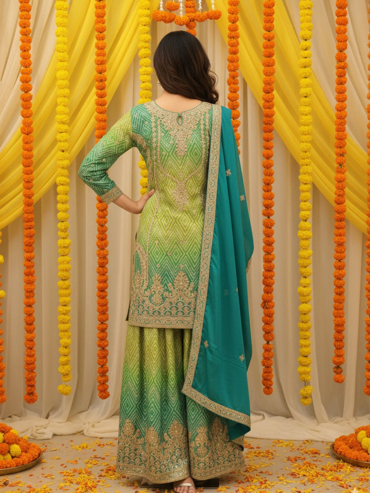 Ombre Bandhani Print Kurta Palazzo Set With Zari, Sequin Embroidery and Diamond Patterns