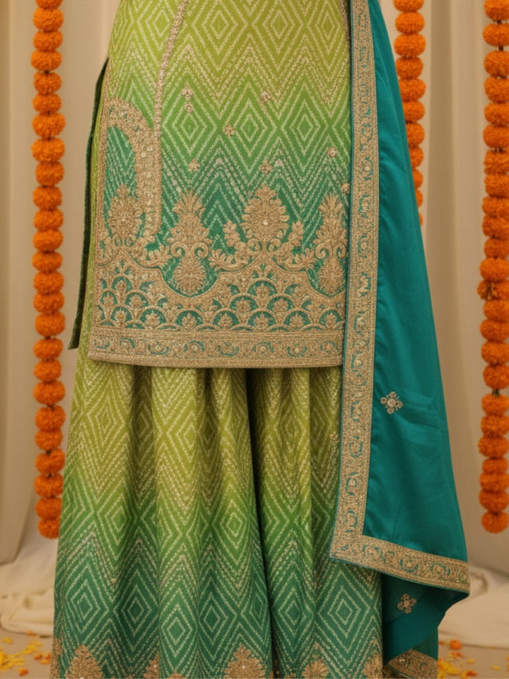 Ombre Bandhani Print Kurta Palazzo Set With Zari, Sequin Embroidery and Diamond Patterns