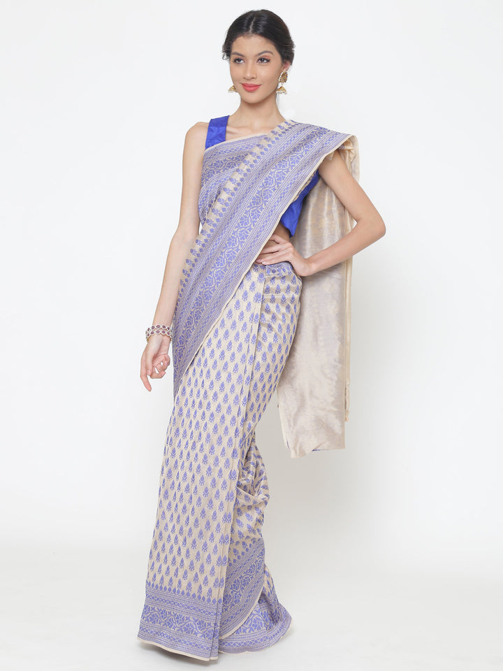 Indigo Cotton Silk saree with handloom weaving floral patterns and a broad border