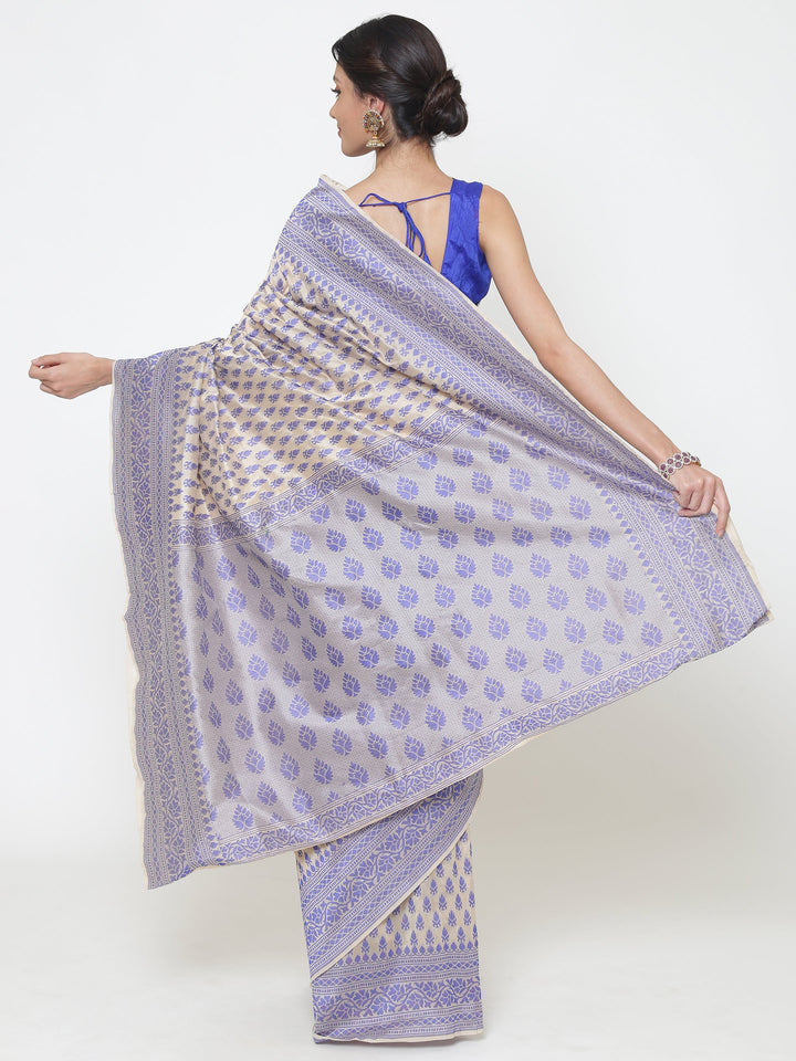 Indigo Cotton Silk saree with handloom weaving floral patterns and a broad border