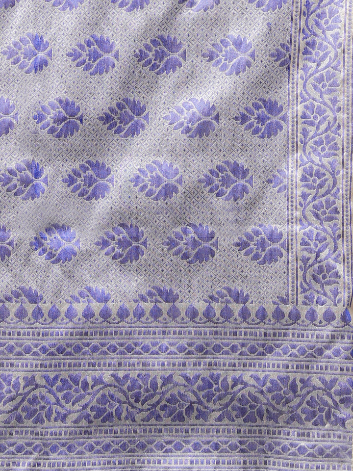 Indigo Cotton Silk saree with handloom weaving floral patterns and a broad border